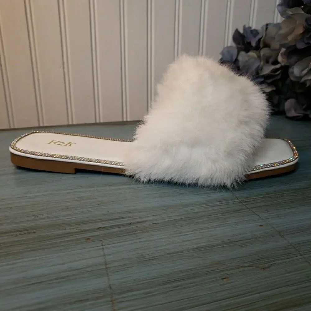 Faux Fur Rhinestone Slides Sandals Slippers Wedding Fuzzy Bling Cute Women Sz 10 - Picture 14 of 16